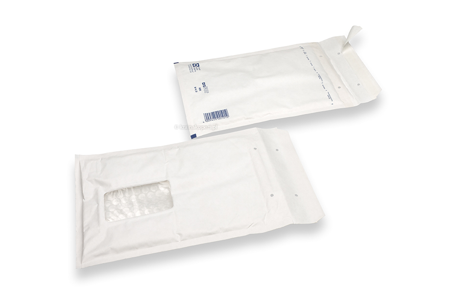 Białe koperty bąbelkowe z okienkiem - 175 x 265 mm, okienko z lewej strony 55 x 90 mm, położenie okienka 30 mm z lewo i 70 mm od góry