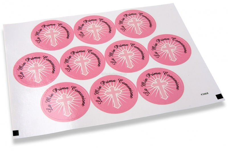 Naklejki na koperty na zaproszenia na I komunię - la mia prima comunione, różowy krzyż