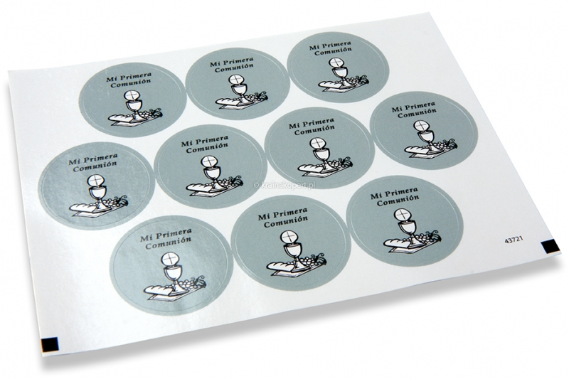 Naklejki na koperty na zaproszenia na I komunię - mi primera comunión, szary