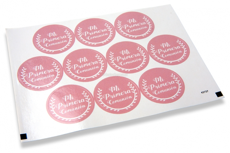 Naklejki na koperty na zaproszenia na I komunię - mi primera comunión, różowy z białym wieńcem