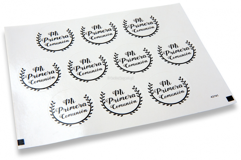 Naklejki na koperty na zaproszenia na I komunię - mi primera comunión, biały z czarnym wieńcem