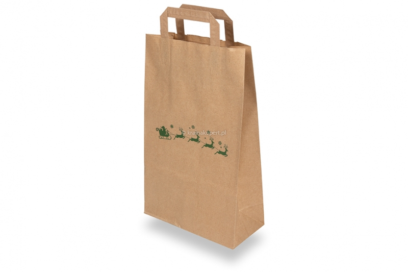 Świąteczne papierowe torby brązowy - Sanie zielony