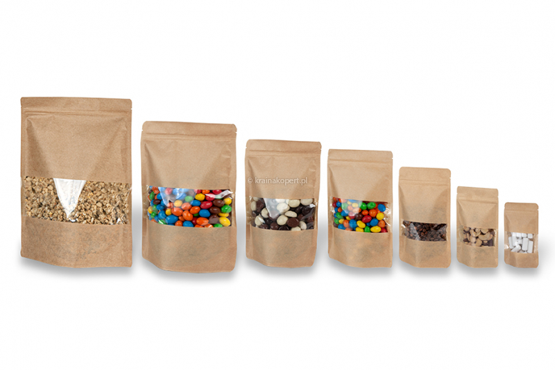 Stojące woreczki kraft z okienkiem - brązowy