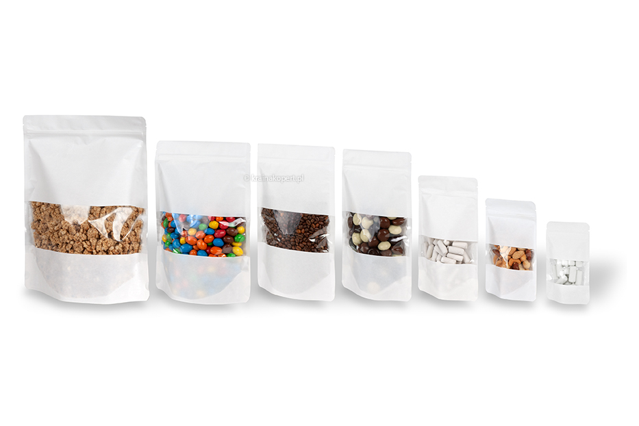 Stojące woreczki kraft z okienkiem - biały