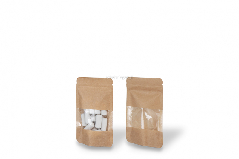 Stojące woreczki kraft z okienkiem - brązowy, 85 x 145 x 50 mm, 100 ml