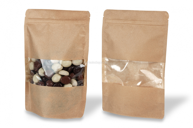 Stojące woreczki kraft z okienkiem - brązowy, 180 x 290 x 90 mm, 1000 ml