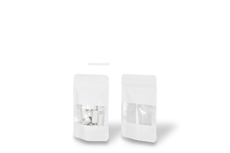 Stojące woreczki kraft z okienkiem - biały, 85 x 145 x 50 mm, 100 ml