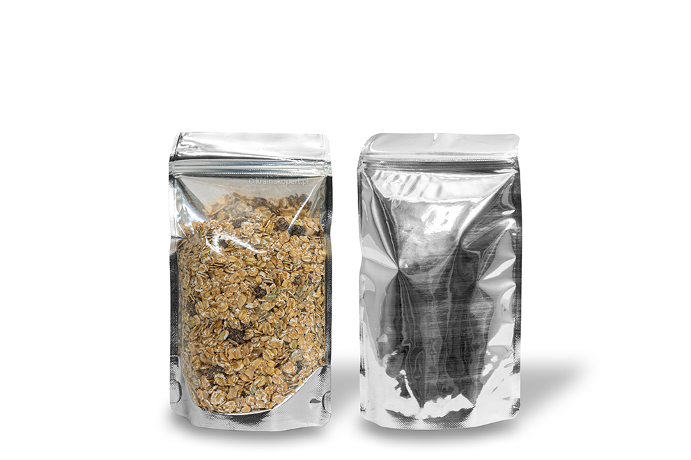 Stojące woreczki przezroczyste metalizowane - srebrny metalizowany, 130 x 225 x 70 mm - 500 ml