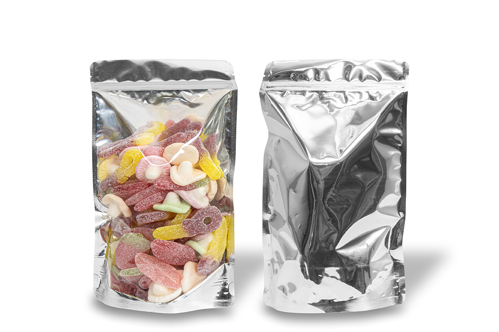 Stojące woreczki przezroczyste metalizowane - srebrny metalizowany, 160 x 270 x 80 mm - 750 ml