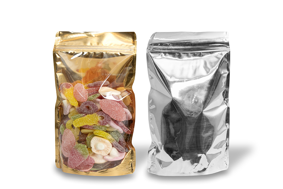 Stojące woreczki przezroczyste metalizowane - złoty metalizowany, 160 x 270 x 80 mm - 750 ml