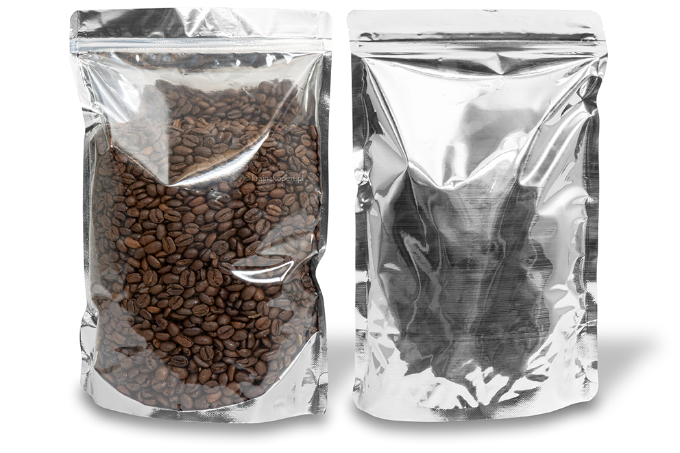 Stojące woreczki przezroczyste metalizowane - srebrny metalizowany, 200 x 300 x 100 mm - 1800 ml