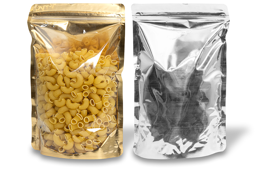 Stojące woreczki przezroczyste metalizowane - złoty metalizowany, 200 x 300 x 100 mm - 1800 ml