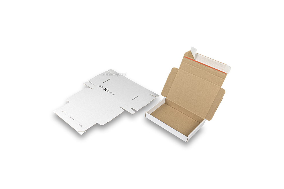 Składane kartony wysyłkowe z paskiem samoklejącym - 160 x 120 x 25 mm (A6), biały